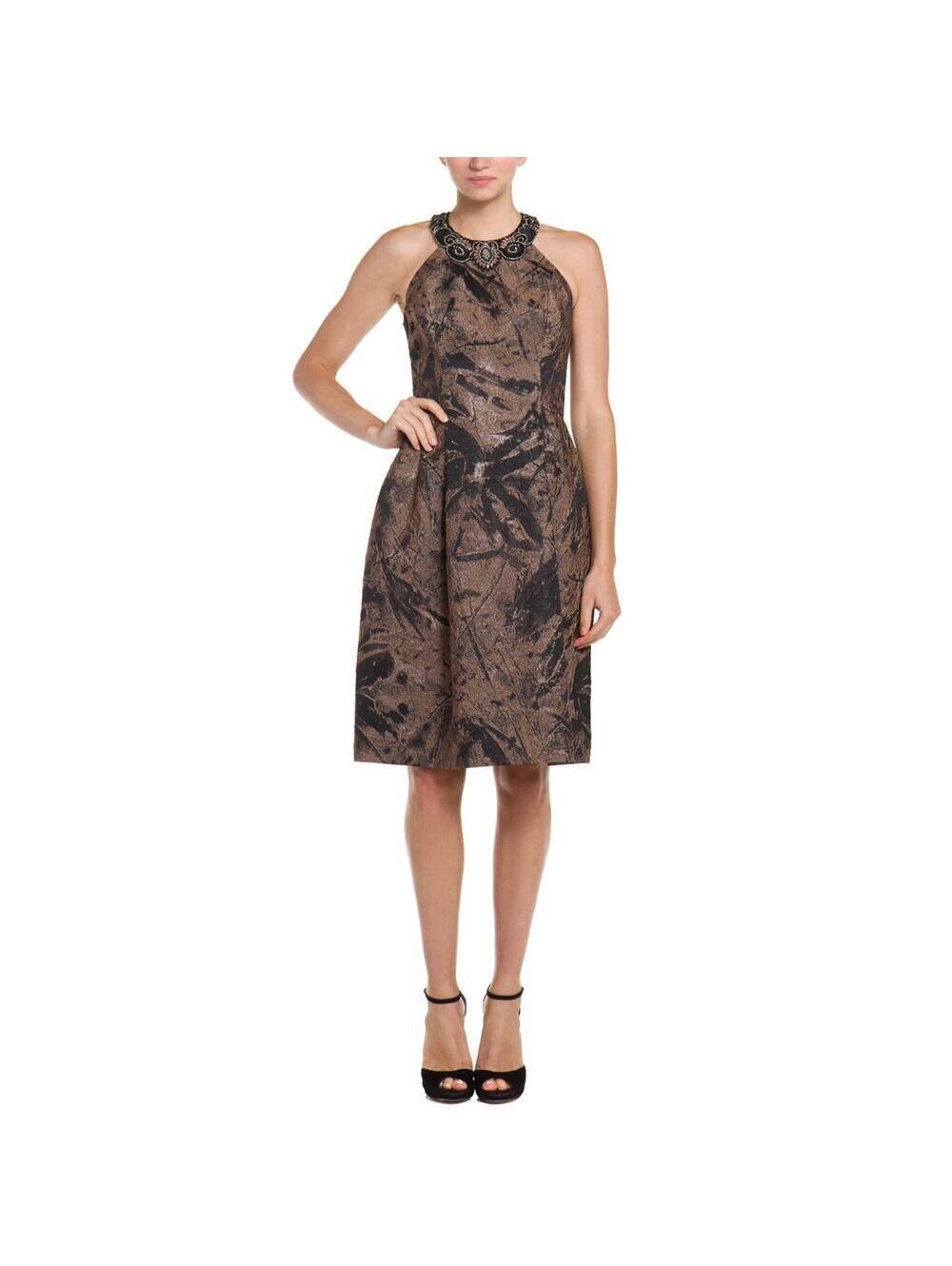 Teri Jon by Rickie Freeman EUC Brown Metallic Jacquard Embellished Neck Dress 18